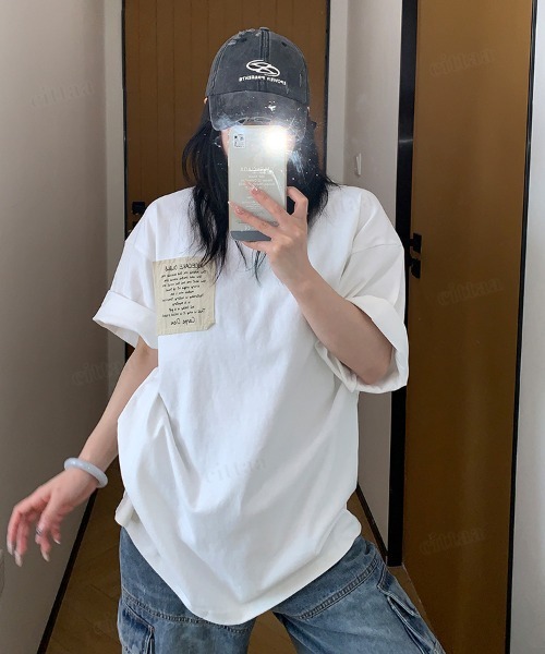 Dalfwin(ダールフィン)の「韓国ファッション RICECAKE手書きプリントラベル半袖Tシャツ(Tシャツ/カットソー・レディース・ブラック/ホワイト/グレー・FREE)」の17枚目の写真