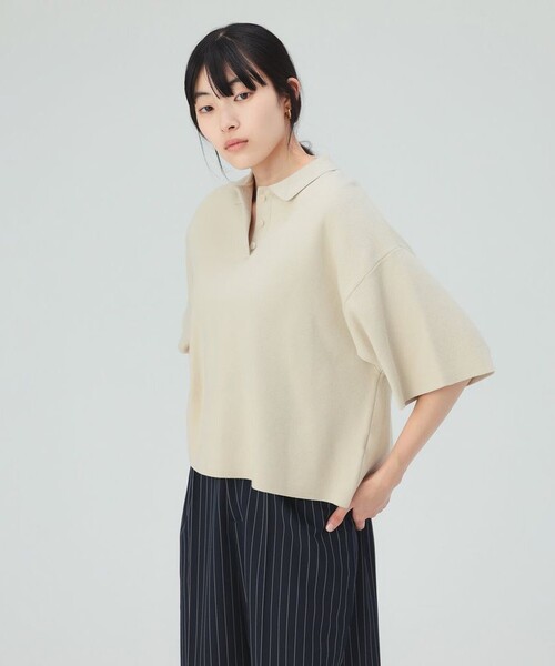 BEAMS HEART(ビームスハート)の「ニット ポロ ハーフスリーブ プルオーバー(ニット/セーター・レディース・ベージュ/ブラック/ブラウン・FREE)」の4枚目の写真