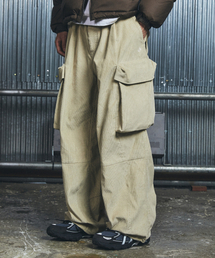 WIDE CORDUROY BELTED CARGO POCKET PANTS - BEIGE