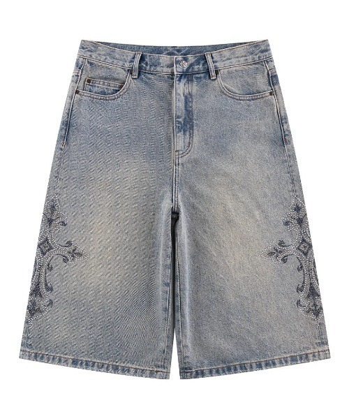 SUPPLIER(サプライヤー)の「A'GEM/9 × .kom『SUPPLIER/サプライヤー』Royal Cross Rhinestone Baggy Denim Shorts/ロイヤル クロス ラインストーン バギー デニム ショーツ(デニムパンツ・メンズ・ブルー/ブラック・L)」の2枚目の写真