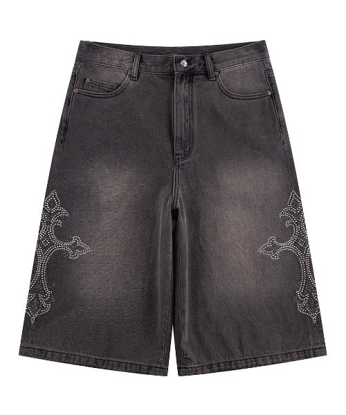 SUPPLIER(サプライヤー)の「A'GEM/9 × .kom『SUPPLIER/サプライヤー』Royal Cross Rhinestone Baggy Denim Shorts/ロイヤル クロス ラインストーン バギー デニム ショーツ(デニムパンツ・メンズ・ブルー/ブラック・L)」の1枚目の写真