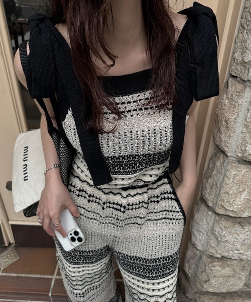 WILLFULLY(ウィルフリー)の「at random geometric pattern knit all-in-one(つなぎ/オールインワン・レディース・ブラック/ベージュ・FREE)」の18枚目の写真
