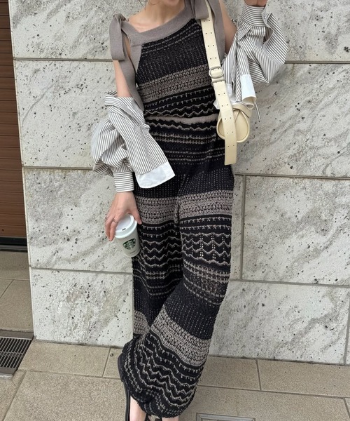 WILLFULLY(ウィルフリー)の「at random geometric pattern knit all-in-one(つなぎ/オールインワン・レディース・ブラック/ベージュ・FREE)」の6枚目の写真
