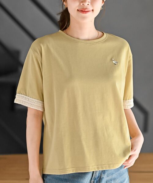 rps(アールピーエス)の「袖口レースワンポイント刺繍カットソー(Tシャツ/カットソー・レディース・アイボリー/ライトグレー/グリーン/イエロー・フリー)」の4枚目の写真