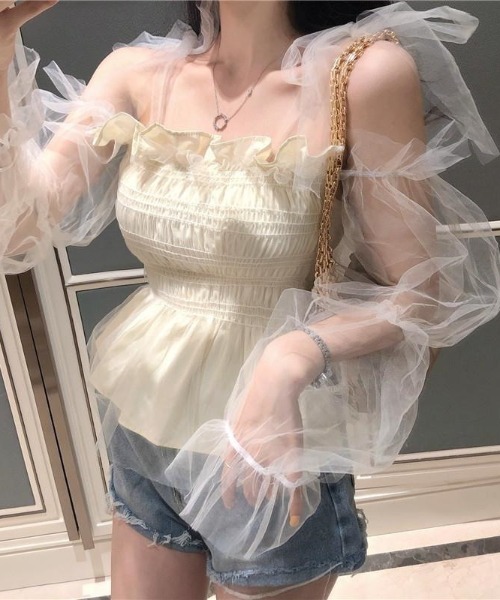 SHEPP（シープ）の「シャーリングシアーチュールボリュームスリーブトップス（シャツ/ブラウス・レディース・アイボリー・F）」の6枚目の写真