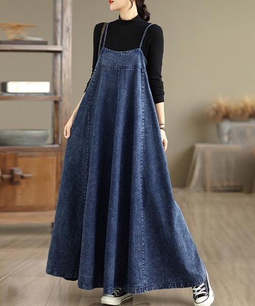 ReRe（リリ）の「細ストラップデニムワンピース（ワンピース・レディース・ダークブルー・LARGE）」の2枚目の写真
