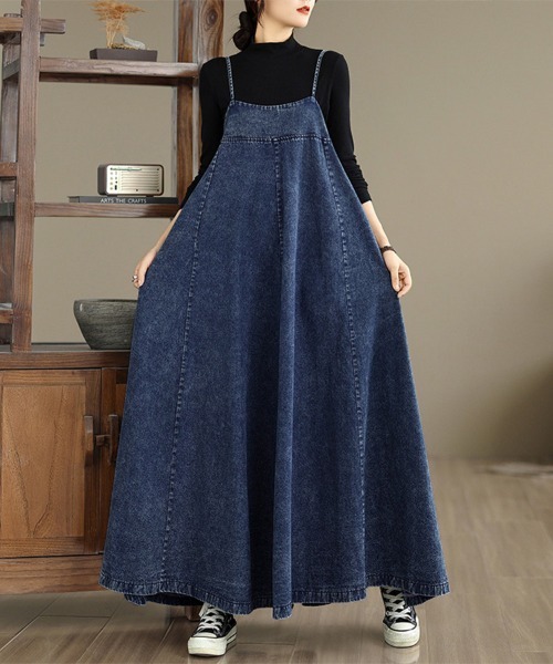 ReRe（リリ）の「細ストラップデニムワンピース（ワンピース・レディース・ダークブルー・LARGE）」の3枚目の写真
