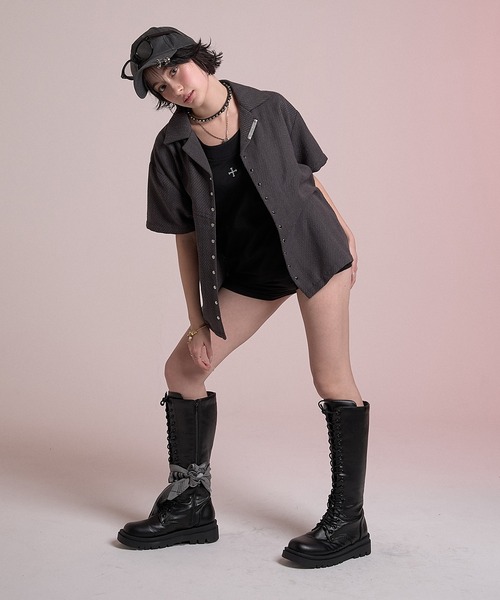 CREO STORE(クレオストア)の「Stud Open Collar Shirt/スタッズオープンカラーシャツ(シャツ/ブラウス・メンズ・グレー/ブラック・1/2)」の11枚目の写真