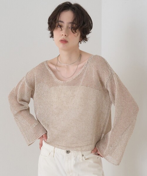 Rouge vif(ルージュヴィフ)の「【人気追加】前後2WAYメッシュペーパーニットプルオーバー/Vネック/ボートネック/オフショルダー/シアートップス/夏服(ニット/セーター・レディース・ベージュ/パープル/グレー/ダークベージュ・フリー)」の1枚目の写真