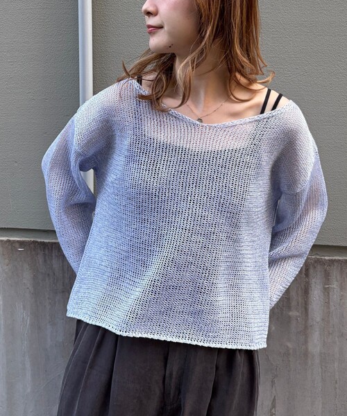 Rouge vif(ルージュヴィフ)の「【人気追加】前後2WAYメッシュペーパーニットプルオーバー/Vネック/ボートネック/オフショルダー/シアートップス/夏服(ニット/セーター・レディース・ベージュ/パープル/グレー/ダークベージュ・フリー)」の7枚目の写真