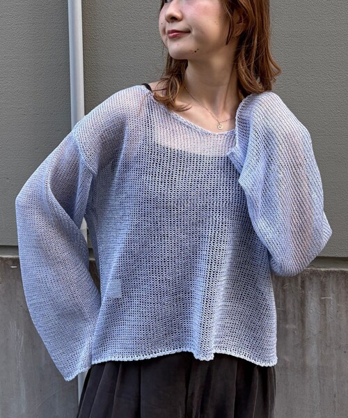 Rouge vif(ルージュヴィフ)の「【人気追加】前後2WAYメッシュペーパーニットプルオーバー/Vネック/ボートネック/オフショルダー/シアートップス/夏服(ニット/セーター・レディース・ベージュ/パープル/グレー/ダークベージュ・フリー)」の8枚目の写真
