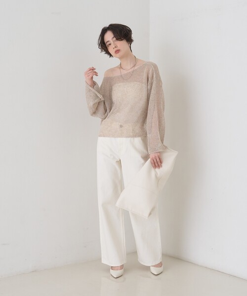 Rouge vif(ルージュヴィフ)の「【人気追加】前後2WAYメッシュペーパーニットプルオーバー/Vネック/ボートネック/オフショルダー/シアートップス/夏服(ニット/セーター・レディース・ベージュ/パープル/グレー/ダークベージュ・フリー)」の5枚目の写真