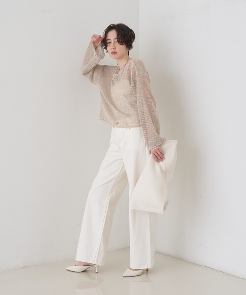 Rouge vif(ルージュヴィフ)の「【人気追加】前後2WAYメッシュペーパーニットプルオーバー/Vネック/ボートネック/オフショルダー/シアートップス/夏服(ニット/セーター・レディース・ベージュ/パープル/グレー/ダークベージュ・フリー)」の6枚目の写真