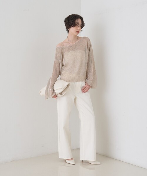 Rouge vif(ルージュヴィフ)の「【人気追加】前後2WAYメッシュペーパーニットプルオーバー/Vネック/ボートネック/オフショルダー/シアートップス/夏服(ニット/セーター・レディース・ベージュ/パープル/グレー/ダークベージュ・フリー)」の7枚目の写真