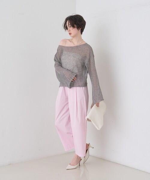 Rouge vif(ルージュヴィフ)の「【人気追加】前後2WAYメッシュペーパーニットプルオーバー/Vネック/ボートネック/オフショルダー/シアートップス/夏服(ニット/セーター・レディース・ベージュ/パープル/グレー/ダークベージュ・フリー)」の12枚目の写真