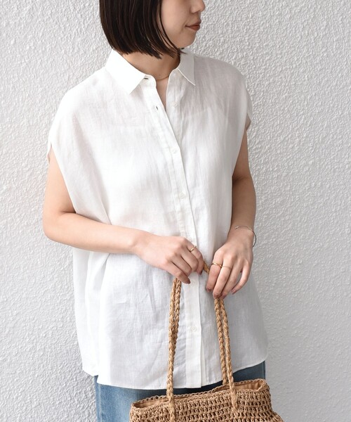 SHIPS Colors(シップス カラーズ)の「SHIPS Colors:〈洗濯機可能〉ユーロリネン (EURO Linen) フレンチスリーブ ビッグ シャツ◇(シャツ/ブラウス・レディース・オフホワイト/イエロー/ライトブルー/ブラック・ONE SIZE)」の2枚目の写真
