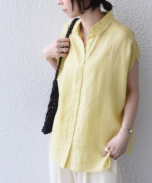 SHIPS Colors(シップス カラーズ)の「SHIPS Colors:〈洗濯機可能〉ユーロリネン (EURO Linen) フレンチスリーブ ビッグ シャツ◇(シャツ/ブラウス・レディース・オフホワイト/イエロー/ライトブルー/ブラック・ONE SIZE)」の4枚目の写真