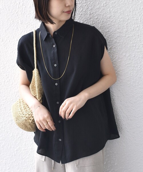 SHIPS Colors(シップス カラーズ)の「SHIPS Colors:〈洗濯機可能〉ユーロリネン (EURO Linen) フレンチスリーブ ビッグ シャツ◇(シャツ/ブラウス・レディース・オフホワイト/イエロー/ライトブルー/ブラック・ONE SIZE)」の3枚目の写真