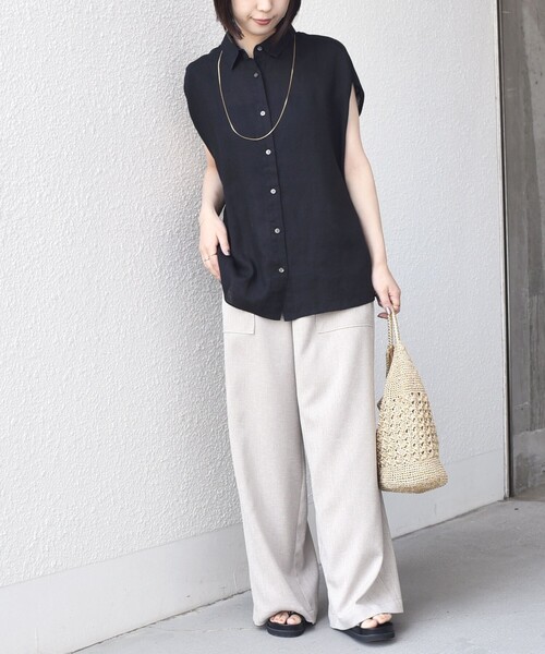 SHIPS Colors(シップス カラーズ)の「SHIPS Colors:〈洗濯機可能〉ユーロリネン (EURO Linen) フレンチスリーブ ビッグ シャツ◇(シャツ/ブラウス・レディース・オフホワイト/イエロー/ライトブルー/ブラック・ONE SIZE)」の10枚目の写真