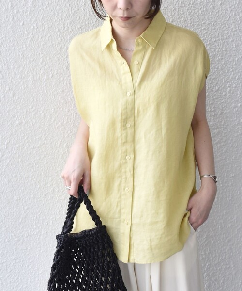 SHIPS Colors(シップス カラーズ)の「SHIPS Colors:〈洗濯機可能〉ユーロリネン (EURO Linen) フレンチスリーブ ビッグ シャツ◇(シャツ/ブラウス・レディース・オフホワイト/イエロー/ライトブルー/ブラック・ONE SIZE)」の11枚目の写真
