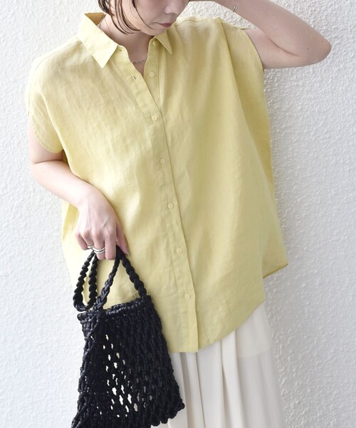 SHIPS Colors(シップス カラーズ)の「SHIPS Colors:〈洗濯機可能〉ユーロリネン (EURO Linen) フレンチスリーブ ビッグ シャツ◇(シャツ/ブラウス・レディース・オフホワイト/イエロー/ライトブルー/ブラック・ONE SIZE)」の12枚目の写真