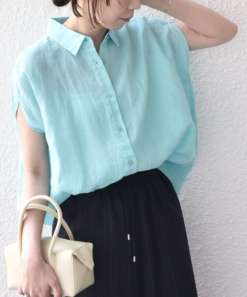 SHIPS Colors(シップス カラーズ)の「SHIPS Colors:〈洗濯機可能〉ユーロリネン (EURO Linen) フレンチスリーブ ビッグ シャツ◇(シャツ/ブラウス・レディース・オフホワイト/イエロー/ライトブルー/ブラック・ONE SIZE)」の15枚目の写真