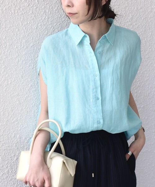 SHIPS Colors(シップス カラーズ)の「SHIPS Colors:〈洗濯機可能〉ユーロリネン (EURO Linen) フレンチスリーブ ビッグ シャツ◇(シャツ/ブラウス・レディース・オフホワイト/イエロー/ライトブルー/ブラック・ONE SIZE)」の16枚目の写真