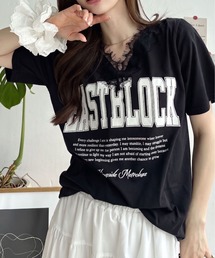 ロゴ プリント レース Vネック Tシャツ