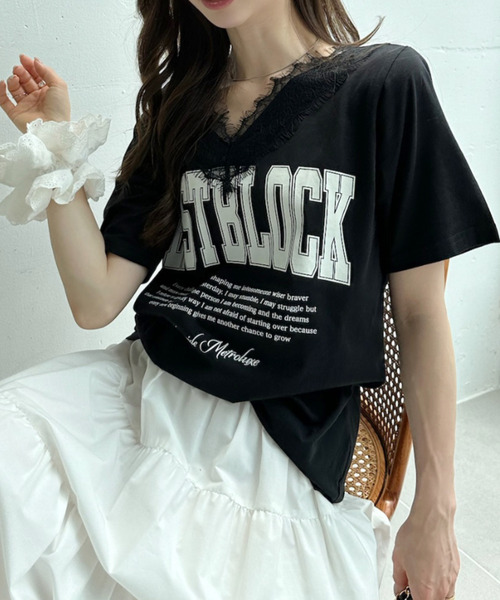 Ada.（エイダ）の「ロゴ プリント レース Vネック Tシャツ（Tシャツ/カットソー・レディース・オフホワイト/ブラック/ブルー・FREE）」の16枚目の写真