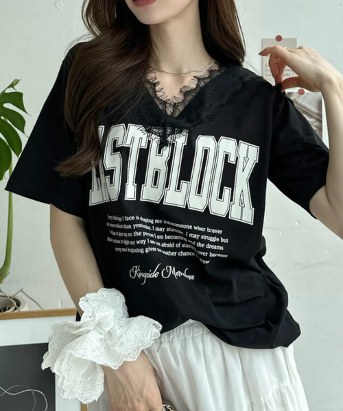 Ada.（エイダ）の「ロゴ プリント レース Vネック Tシャツ（Tシャツ/カットソー・レディース・オフホワイト/ブラック/ブルー・FREE）」の18枚目の写真