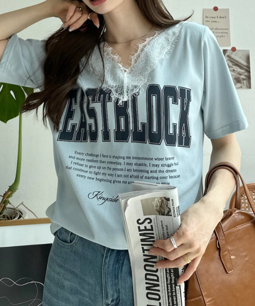 Ada.（エイダ）の「ロゴ プリント レース Vネック Tシャツ（Tシャツ/カットソー・レディース・オフホワイト/ブラック/ブルー・FREE）」の19枚目の写真