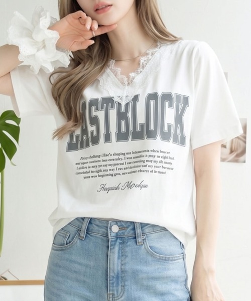 Ada.（エイダ）の「ロゴ プリント レース Vネック Tシャツ（Tシャツ/カットソー・レディース・オフホワイト/ブラック/ブルー・FREE）」の10枚目の写真