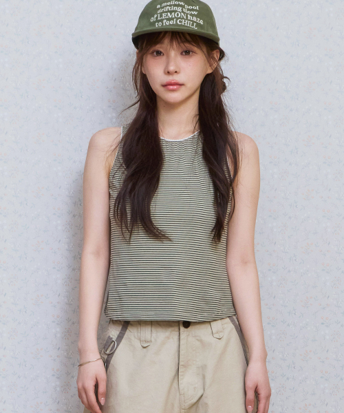 KIJIKO（キジコ）の「ke502. Stripe Lace Sleeveless Khaki（Tシャツ/カットソー・レディース・カーキ・FREE）」の2枚目の写真