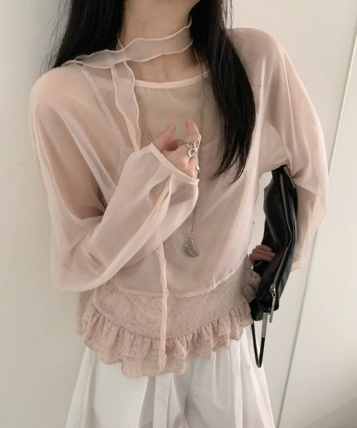 LiLIN（リリン）の「小花柄フリルキャミソール＆UV対策シアーブラウス セット（シャツ/ブラウス・レディース・グレー/ピンク・FREE）」の6枚目の写真