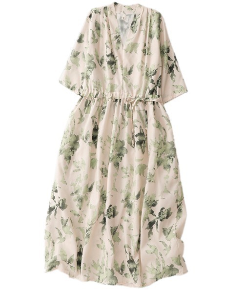 LUCPY(ラクピー)の「ボタニカルプリントウエストリボンワンピース(ワンピース・レディース・アイボリー・XX-LARGE/X-LARGE/LARGE/MEDIUM)」の5枚目の写真