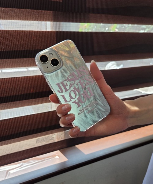 ロゴ入りスマホケース シルバー ニュアンス ピンクロゴ 英字 / スマホカバー iPhoneケース