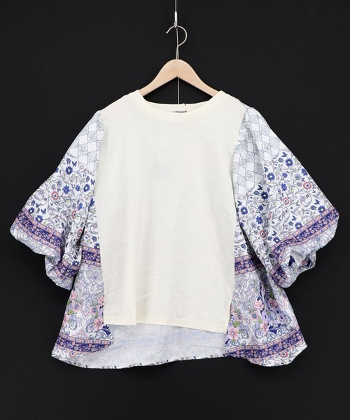 iS ScoLar（イズスカラー）の「562248：アンティークタイル×花柄 素材切替プルオーバー（Tシャツ/カットソー・レディース・オフホワイト/アイボリー/ブラック・M）」の11枚目の写真