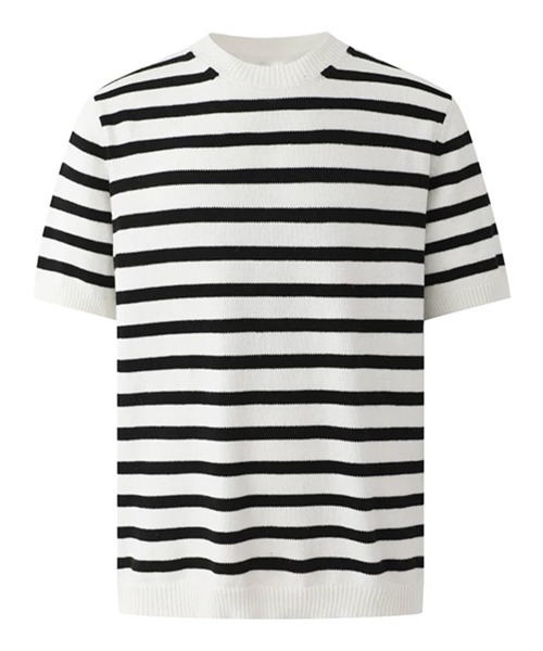 NOWLE（ノウル）の「【NOWLE】ファインボーダー クルーネック サマーニット / レトロクラシック 半袖 ニット トップス（ニット/セーター・メンズ・ホワイト・MEDIUM/LARGE/X-LARGE）」の20枚目の写真