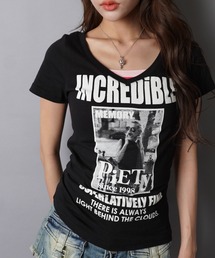 Vネック半袖Tシャツ/フォトガール/バックプリント/平成ギャル