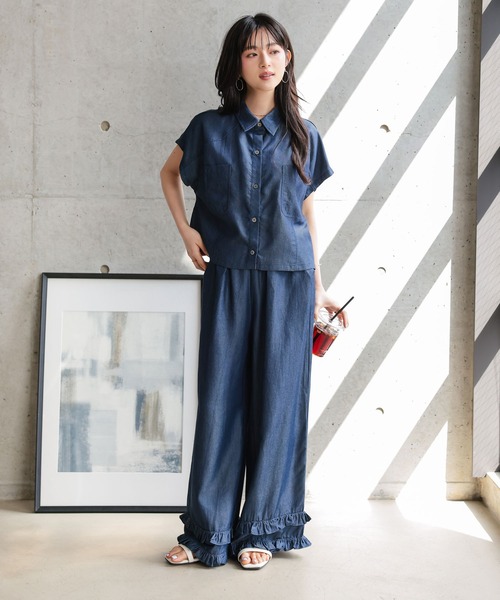 Petitle（プチレ）の「[低身長向けサイズ] テンセルデニム裾フリルパンツ（デニムパンツ・レディース・ブラック/ブルー・PM）」の6枚目の写真