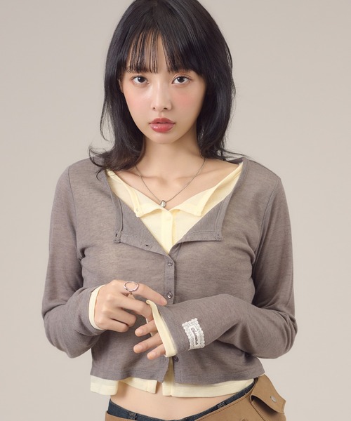 apres jour mignon(アプレジュールミニョン)の「レイヤードシアーカーデ(カーディガン/ボレロ・レディース・ダークブラウン/グレー/ブラウン系その他/グリーン/ブルー・LARGE/フリー)」の6枚目の写真