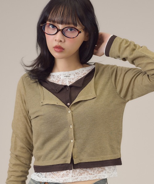 apres jour mignon(アプレジュールミニョン)の「レイヤードシアーカーデ(カーディガン/ボレロ・レディース・ダークブラウン/グレー/ブラウン系その他/グリーン/ブルー・LARGE/フリー)」の12枚目の写真