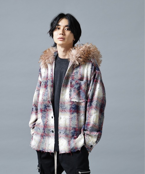 DANKE SCHON(ダンケシェーン)の「DankeSchon/ダンケシェーン/DAMEGE CHECK HOOD FUR SHIRTS(シャツ/ブラウス・メンズ・レッド/イエロー/サックスブルー・L/M)」の3枚目の写真
