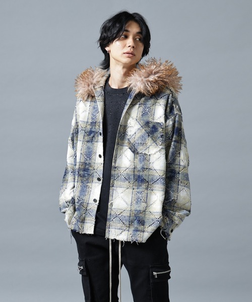 DANKE SCHON(ダンケシェーン)の「DankeSchon/ダンケシェーン/DAMEGE CHECK HOOD FUR SHIRTS(シャツ/ブラウス・メンズ・レッド/イエロー/サックスブルー・L/M)」の1枚目の写真