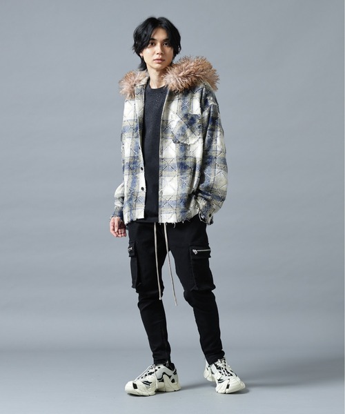 DANKE SCHON(ダンケシェーン)の「DankeSchon/ダンケシェーン/DAMEGE CHECK HOOD FUR SHIRTS(シャツ/ブラウス・メンズ・レッド/イエロー/サックスブルー・L/M)」の7枚目の写真