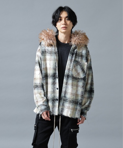 DANKE SCHON(ダンケシェーン)の「DankeSchon/ダンケシェーン/DAMEGE CHECK HOOD FUR SHIRTS(シャツ/ブラウス・メンズ・レッド/イエロー/サックスブルー・L/M)」の9枚目の写真