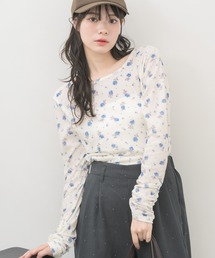 袖シャーリングベロアカットソー