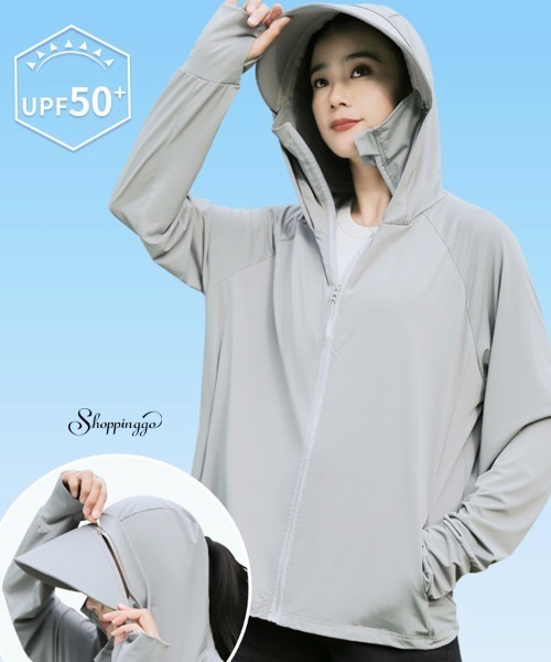 shoppinggo(ショッピングゴー)の「ラッシュガード UVパーカー UVカット サマーカーディガン レディース 夏カーディガン(カーディガン/ボレロ・レディース・グレー・FREE)」の2枚目の写真