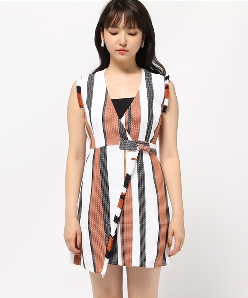 SLY（スライ）の「DESERT STRIPE WRAP OP（ワンピース・レディース・ネイビー/オフホワイト・1/2）」の6枚目の写真