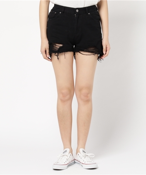 PUNYUS（プニュズ）の「クラッシュデニムショーパン（デニムパンツ・レディース・ライトインディゴブルー/インディゴブルー/ブラック・4/3/2/1）」の7枚目の写真